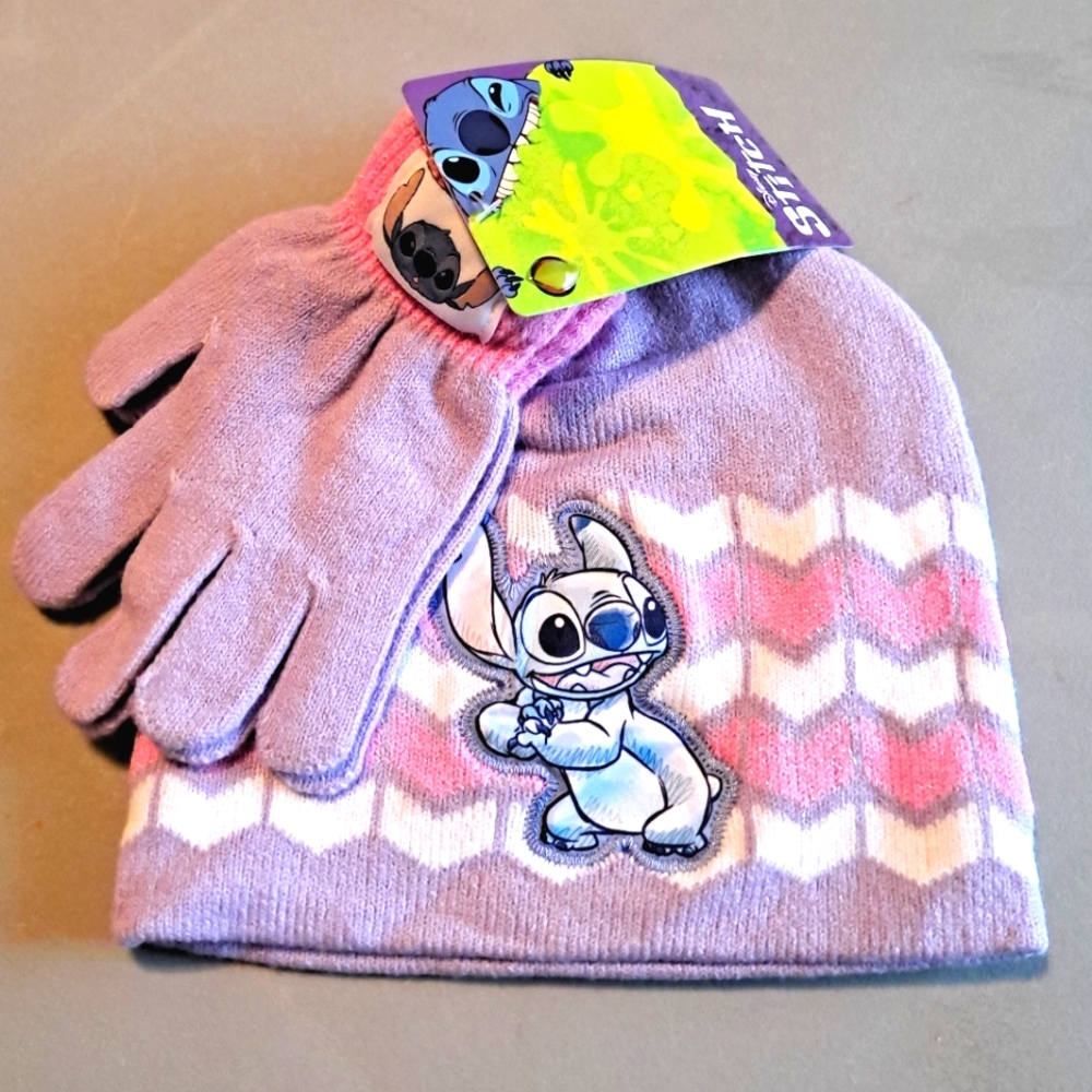 Disney Stitch Purple, Pink, And White Hat And Gloves